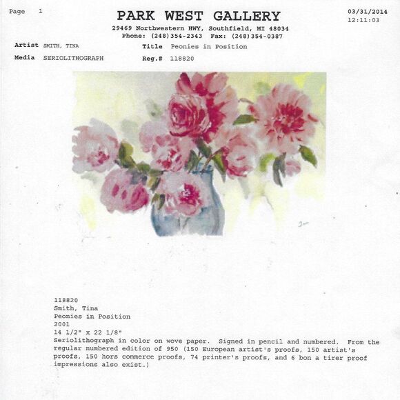 "Peonies in Position" by Tina Smith Seriolithograph Appraised at $350 - Picture 7 of 7
